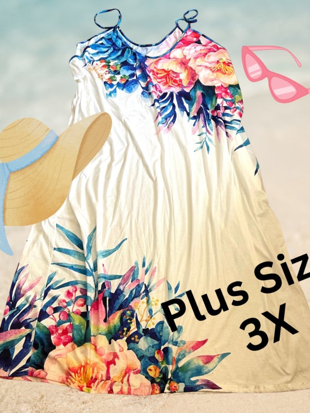 Plus Size Maxi Dress 3X White Floral Women’s Dress with Flowers Beach Dress